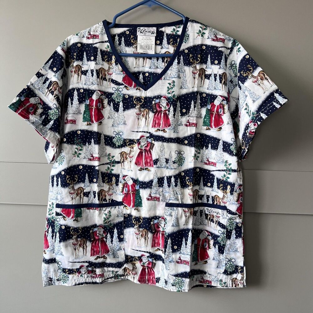 UA‎ Scrubs Scrub Top Womens Small Navy Christmas Past Holiday Reindeer V-Neck